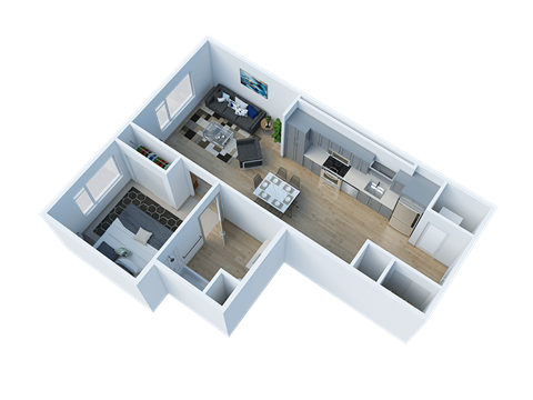 Floor plan for 1 bed, 1 bath, 653 sqft